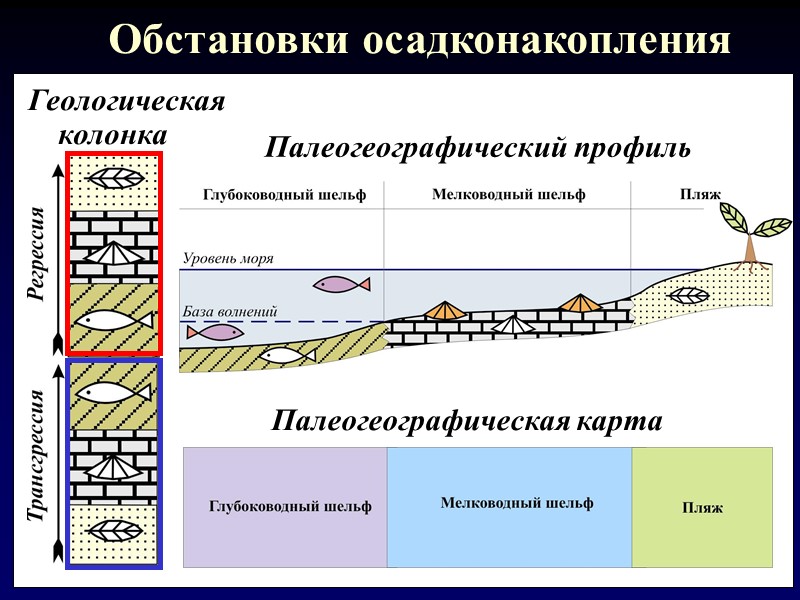Обстановки осадконакопления   Палеогеографический профиль   Палеогеографическая карта Геологическая колонка